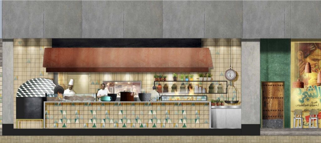Concept elevation of the Bahreez kitchen counter with a tiled front and copper hood