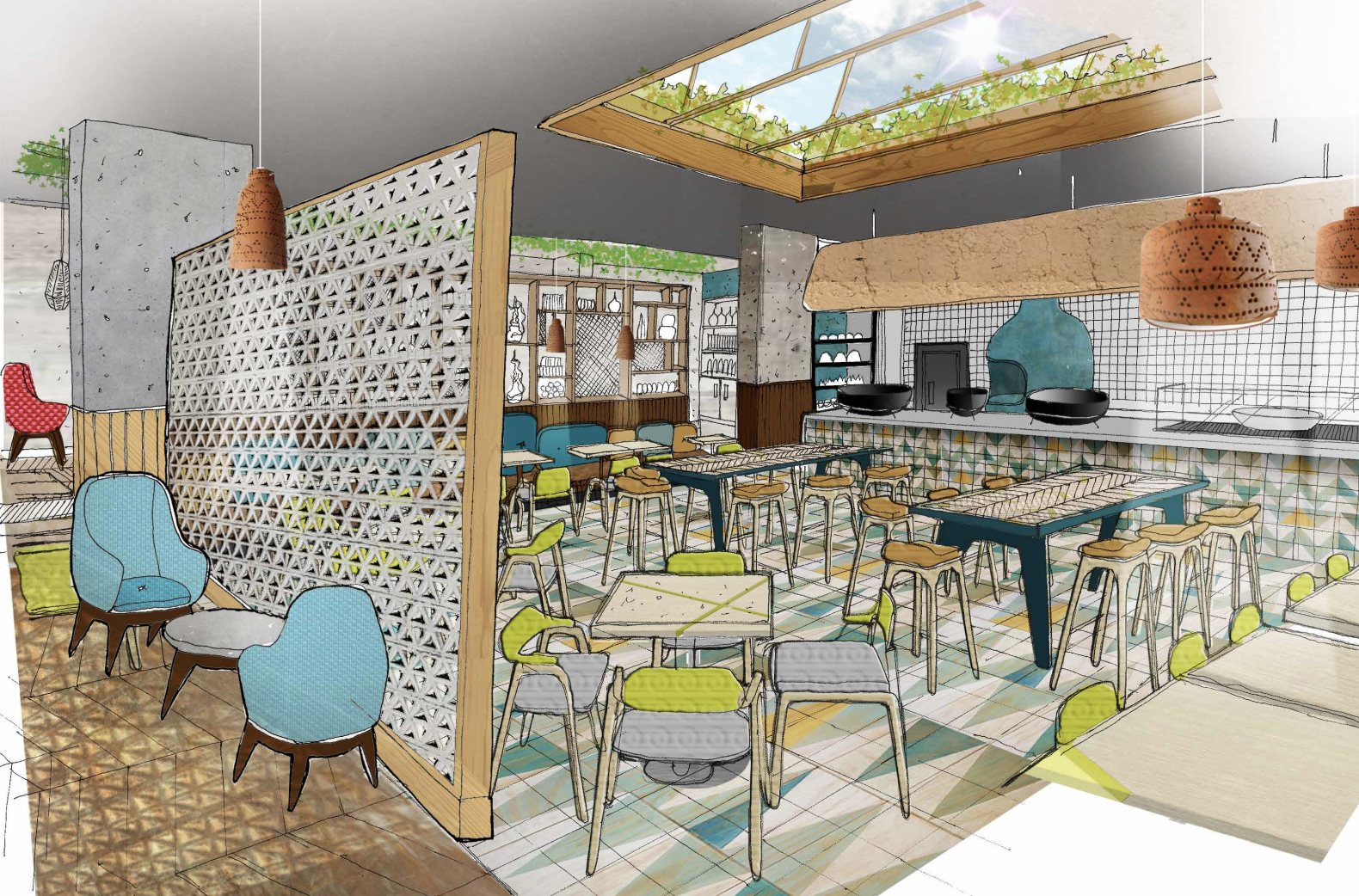 Concept render of the Bahreez dining room, with patterned floor tiles, a perforated screen and an open kitchen