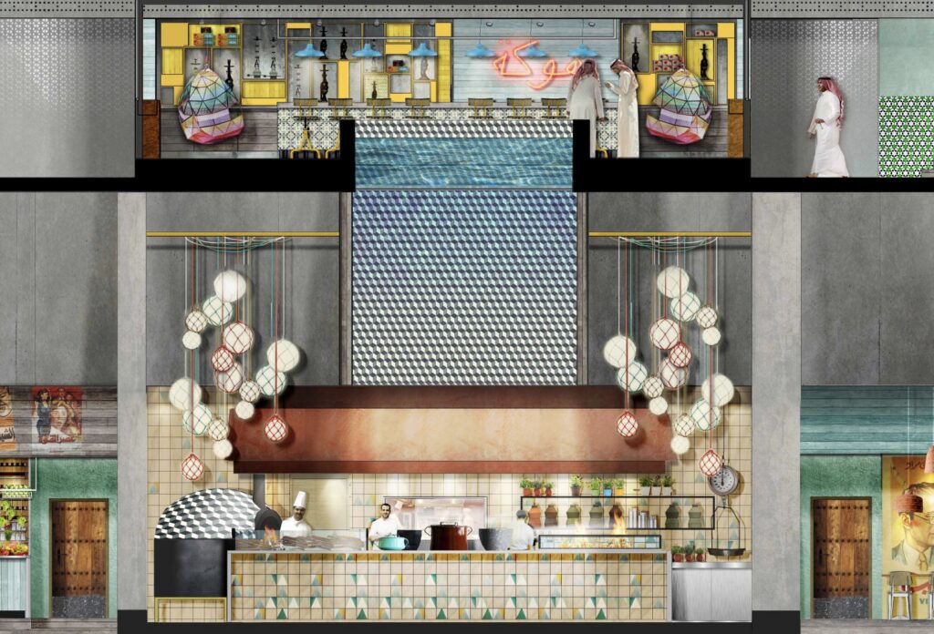 Concept elevation of the Bahreez open kitchen, counter and lantern lights