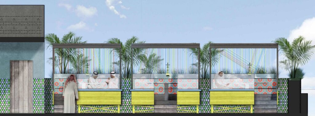 Concept elevation of the Bahreez terrace with palms and yellow planters